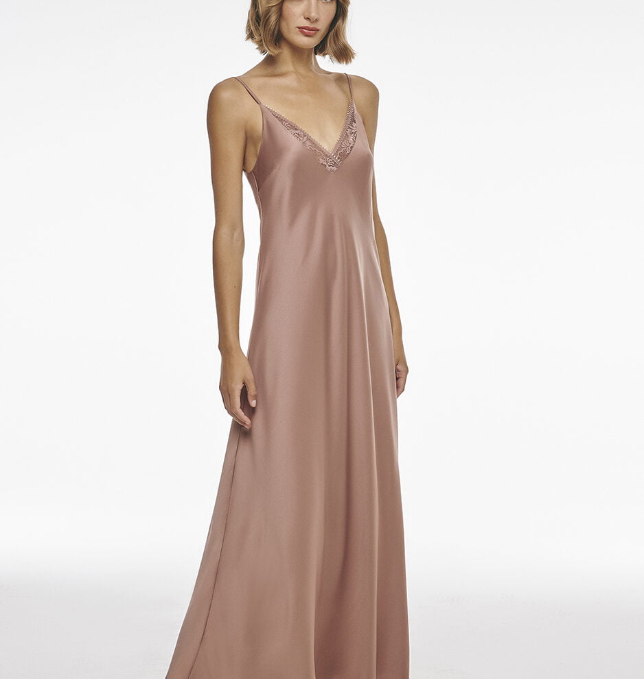 Maxi satin slip dress in soft caramel - Lida