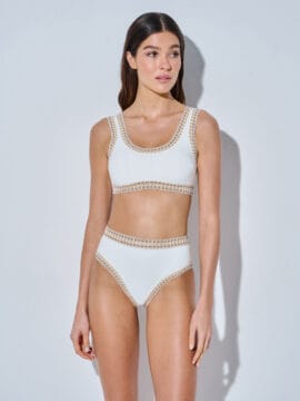 Crocheted lace bikini set of crop top and highwaisted bottom, Ivory