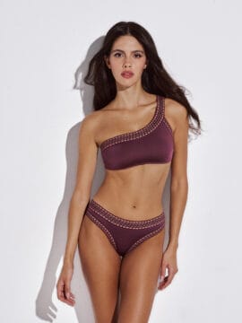 Crocheted lace Bikini set of assymetrical crop top and bottom, Rasberry
