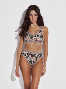 Crocheted lace Bikini set of crop top and highwaist bottom, Floral pattern