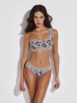 Crocheted lace Bikini set of one shoulder crop top and bottom, Snake skin pattern