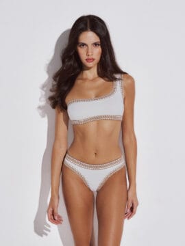 Crocheted lace Bikini set of one shoulder crop top and bottom, Ivory