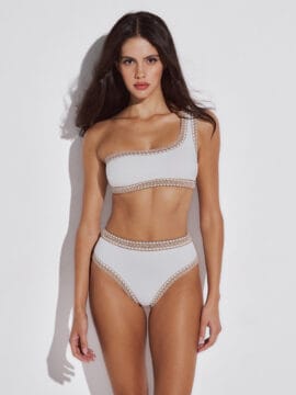 Crocheted lace Bikini set of one shoulder crop top and highwaisted bottom, Ivory