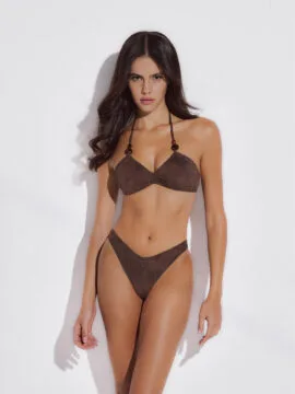 Suede Bikini set of crop top and highleg bottom, Brown