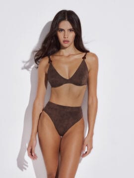 Suede Bikini set of D cup underwire bra and highwaist bottom, Brown